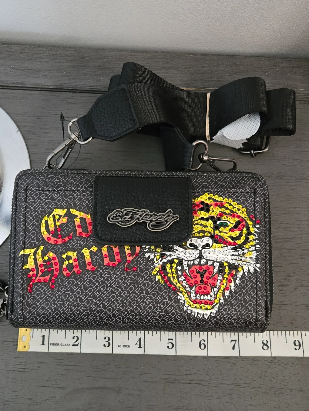Ed Hardy Black Crossbody Wallet with Yellow & Red Tiger Graphic